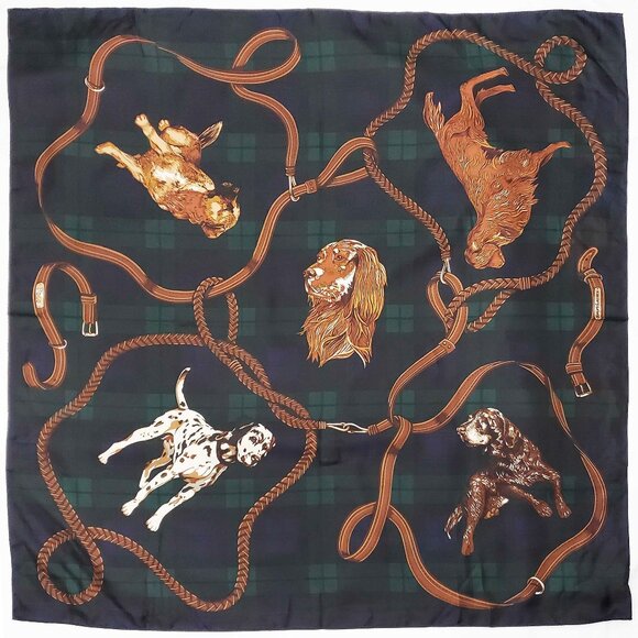 Vintage Polo Ralph Lauren Black Watch Dogs Retriever Silk Scarf/Wrap Made Japan. - Picture 1 of 8